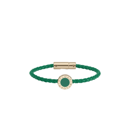 BULGARI BULGARI bracelet in spring peridot green braided calf leather with light gold-plated brass clasp. Iconic embellishment in light gold-plated brass finished with spring peridot green enamel. BB-LOGO-WCL-SG image 1