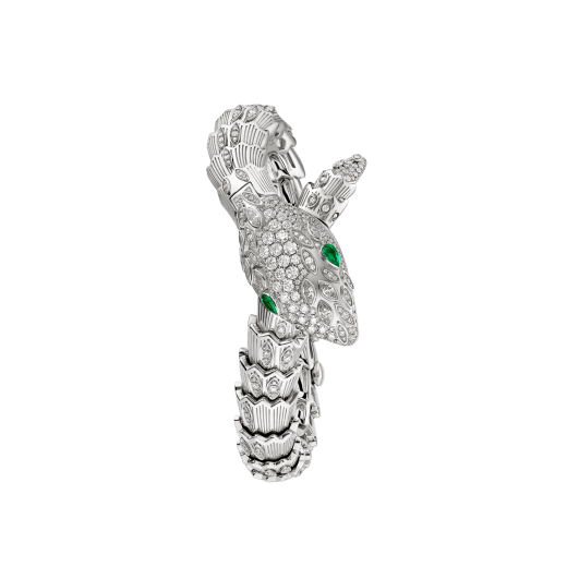 Serpenti Secret Watch with 18 kt white gold case, 18 kt white gold head, dial and single spiral bracelet all set with brilliant cut and marquise cut diamonds, and emerald eyes . 102238 image 1