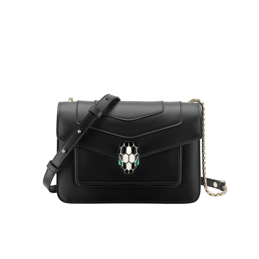 Serpenti Forever small crossbody bag in emerald green calf leather with amethyst purple grosgrain lining. Captivating snakehead closure in light gold-plated brass embellished with black and white agate enamel scales and green malachite eyes. 1082-CLa image 1