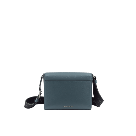 BULGARI Man small messenger bag in ivy onyx grey smooth and grainy metal-free calf leather with Olympian sapphire blue regenerated nylon (ECONYL®) lining. Dark ruthenium-plated brass hardware, hot stamped BULGARI logomania motif and magnetic flap closure. BMA-1213-CLb image 3