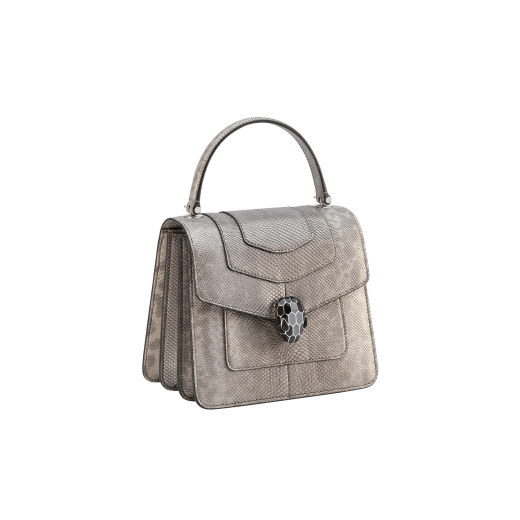 “Serpenti Forever ” top handle bag in Forest Emerald green shiny karung skin with Zircon bay blue gros grain internal lining. Iconic snakehead closure in light gold plated brass enriched with black and white agate enamel and green malachite eyes 1122-SK image 2