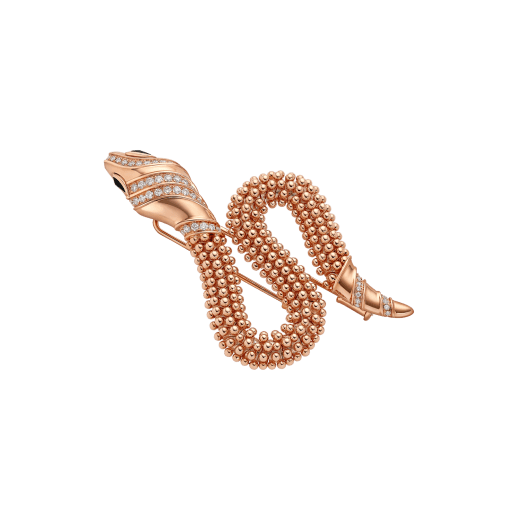 Spilla Serpenti in oro rosa 18 kt con testa e coda con pavé di diamanti e occhi in onice nera. 361721 image 1
