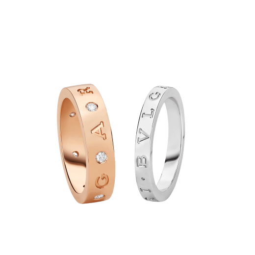 BVLGARI BVLGARI couples' rings, one in 18 kt rose gold set with seven diamonds and one in platinum. A timeless ring set blending modern design with distinctive refinement. BVLGARI-BVLGARI-COUPLES-RINGS-2 image 1