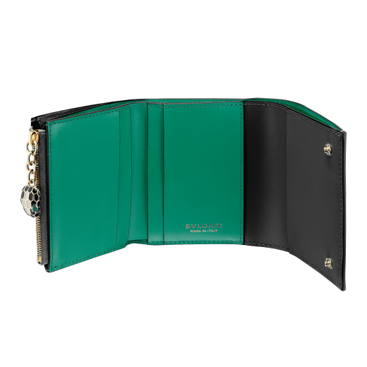Serpenti Forever super compact wallet in black and emerald calf leather. Iconic snake head zip puller in black and white enamel, with green malachite enamel eyes. SEA-SUPERCOMPACT-CLb image 2
