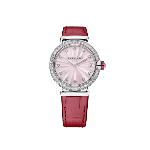 LVCEA Lady Watch , 28 mm stainless steel case and crown with a synthetic cabochon-cut rubellite and 1 round diamond. Pink mother-of-pearls dial intarsio marquetery with 11 round brilliant cut diamonds indexes. Mechanical movement with automatic winding, hours, minutes, seconds and date functions. Frequency 28'800 VpH (4Hz), 25 jewels. Diameter: 25.60 mm, thickness: 3.60mm, Power reserve 42 hours. Pink alligator strap with stitches links to the case set with diamonds and steel ardillon buckle. Water proof 50 m. 103618 image 1