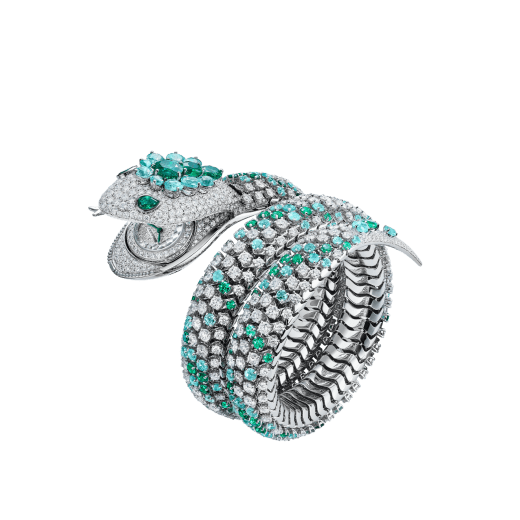 Serpenti Misteriosi Pallini High Jewellery watch with mechanical manufacture micro-movement with manual winding, 18 kt white gold case and bracelet set with diamonds, emeralds and Paraiba tourmalines, and pavé-set diamond dial 103882 image 1