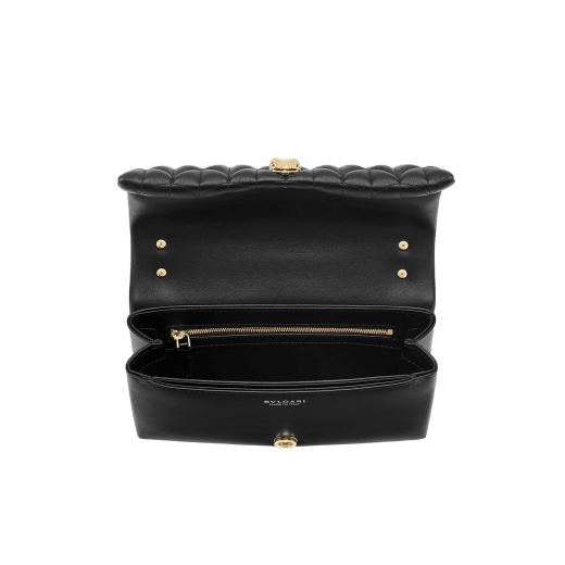 Serpenti Sugarloaf shoulder bag in black calf leather with a distinctive Calla Matelassé motif and black nappa leather lining. Captivating snakehead magnetic closure in gold-plated brass embellished with red enamel eyes. SCB-001-1295S-CALF image 3