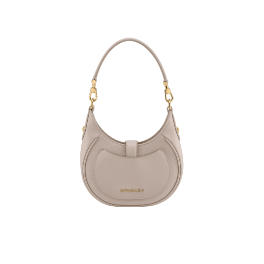 Serpenti Ellipse small crossbody bag in Urban grain and smooth ivory opal calf leather with flamingo quartz pink gros grain lining. Captivating snakehead closure in gold-plated brass embellished with black onyx scales and red enamel eyes. 1204-UCLa image 3