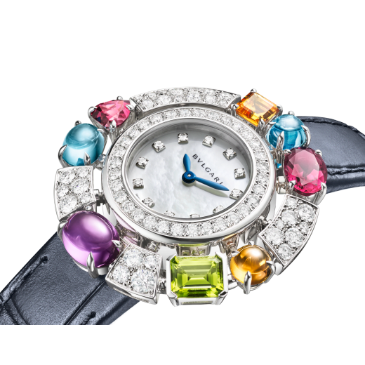 Allegra watch with 18 kt white gold case set with brilliant-cut diamonds, 2 citrines, an amethyst, 2 blue topazes, a peridot and 2 rhodolites, mother-of-pearl dial, 12 diamond indexes and blue shimmering alligator bracelet. Water resistant up to 30 metres 103499 image 3