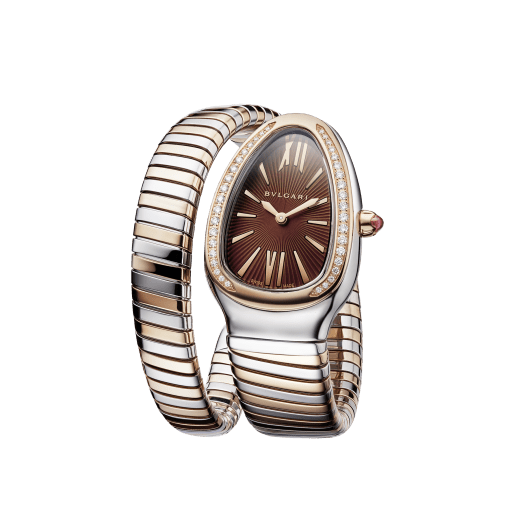 Serpenti Tubogas single spiral watch with stainless steel case, 18 kt rose gold bezel set with brilliant-cut diamonds, brown dial with guilloché soleil treatment, stainless steel and 18 kt rose gold bracelet SERPENTI-TUBOGAS-1T-brownDialDiam image 2