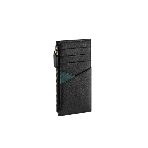 BULGARI BULGARI Man card holder in black Urban grain calf leather with a forest emerald green Urban grain calf leather detail. Iconic dark ruthenium-plated brass décor enamelled in matte black, and zipped closure. 292241 image 3