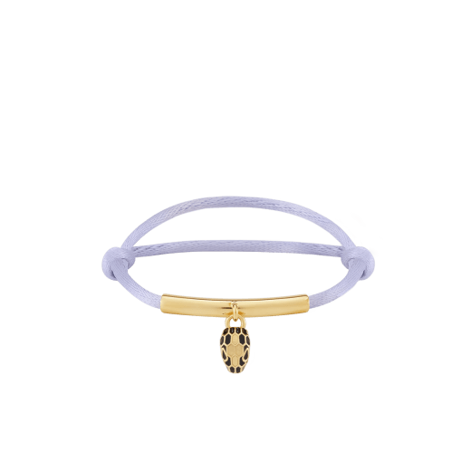 Serpenti Forever bracelet in ruby red fabric. Gold-plated brass tubular element and captivating snakehead charm embellished with black and white agate enamel scales, and black enamel eyes. SERP-MINISTRINGe image 1