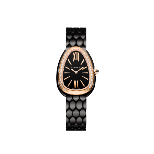 Serpenti Seduttori watch in stainless steel with black DLC treatment, 18 kt rose gold bezel set with brilliant-cut diamonds and black lacquered dial. Water-resistant up to 30 meters. 103706 image 1