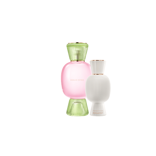 An exclusive perfume set, as bold and unique as you. The powdery floral Dolce Estasi Allegra Eau de Parfum blends with the joyful freshness of the Magnifying Bergamot Essence, creating an irresistible personalised women's perfume. Perfume-Set-Dolce-Estasi-Eau-de-Parfum-and-Bergamot-Magnifying image 1