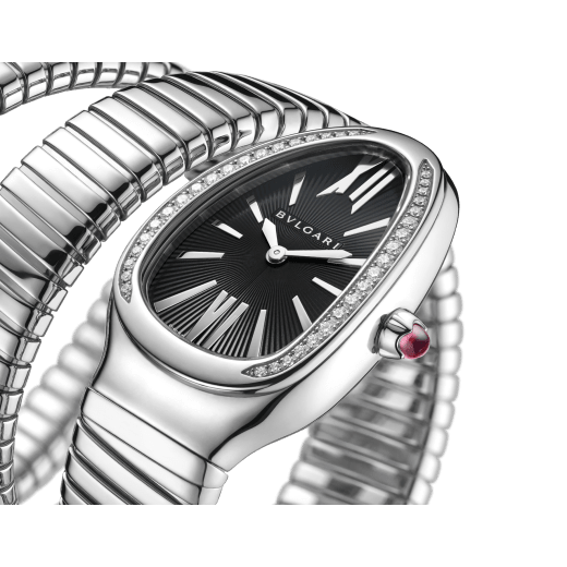 Serpenti Tubogas double spiral watch with stainless steel case and bracelet, bezel set with brilliant-cut diamonds and black dial with guilloché soleil treatment. Water-resistant up to 30 metres. Large size 103433 image 2