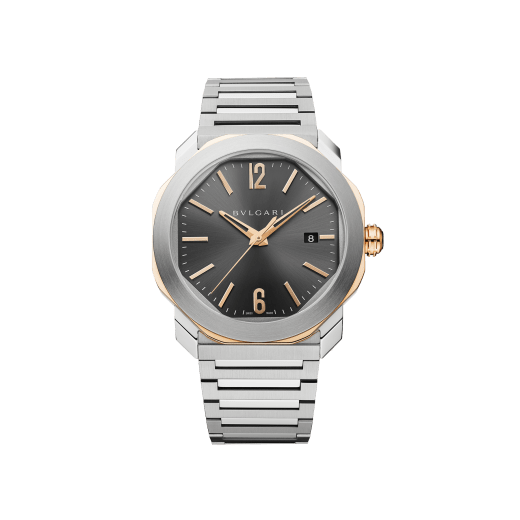 Octo Roma watch with mechanical manufacture movement, automatic winding and date, stainless steel case, 18 kt rose gold octagon, transparent case back, anthracite dial and stainless steel bracelet 103083 image 1
