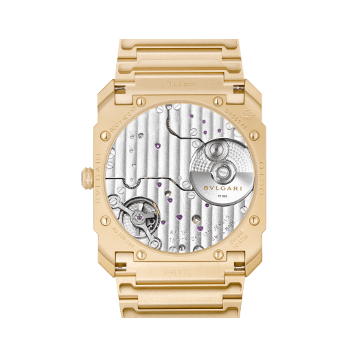 Montre Octo Finissimo Automatique avec mouvement mécanique de manufacture extra-plat (2,23 mm d'épaisseur), remontage automatique avec micro-rotor en platine, boîtier et bracelet en or jaune 18 K sablé, cadran en or jaune, aiguilles et index noirs. Étanche jusqu’à 100 mètres 104190 image 4
