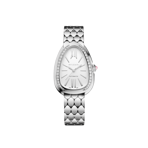 Serpenti Seduttori automatic watch in stainless steel with diamond-set bezel and white opaline dial. Water-resistant up to 30 metres 104060 image 1
