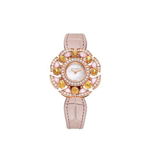 Часы DIVAS' DREAM, корпус из розового золота 18 карат, лепестки с круглыми бриллиантами классической огранки, вставки из розового опала, цитрин, циферблат из перламутра, розовый ремешок из кожи аллигатора. 103635 image 1
