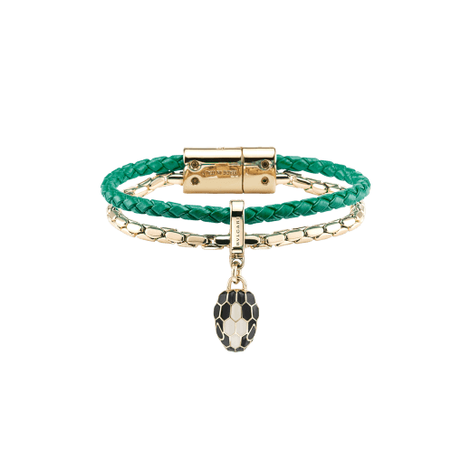 Serpenti Forever bracelet in emerald green braided calf leather and light gold-plated brass chain with magnetic clasp closure. Captivating snakehead charm with black and white agate enamel scales and black enamel eyes. SerpBraidChain-WCL-EG image 1