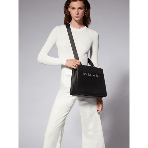 Bvlgari Logo tote bag in ivory opal smooth and grain calf leather with black grosgrain lining. Iconic Bvlgari logo decorative chain motif in light gold-plated brass. BVL-1192 image 6