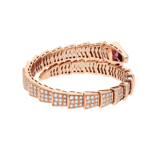 Serpenti one-coil bracelet in 18 kt rose gold, set with full pavé diamonds and a rubellite on the head. BR856126 image 3