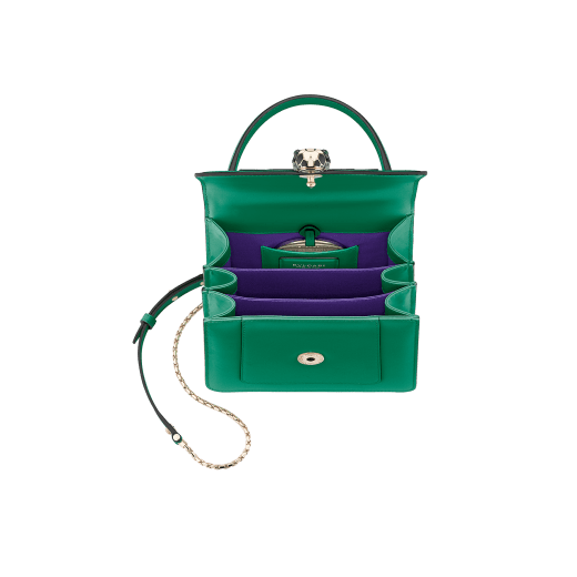 Flap cover bag Serpenti Forever in ruby red calf leather. Brass light gold plated hardware and snake head closure in black and white enamel with eyes in green malachite. 752-CLa image 4