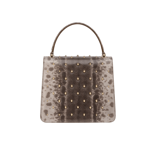 Serpenti Forever small top handle bag in foggy opal grey shiny karung Cabochon skin with crystal rose nappa leather lining. Captivating snakehead magnetic closure in light gold-plated brass embellished with black enamel and light gold-plated brass scales, and black onyx eyes. 293334 image 3