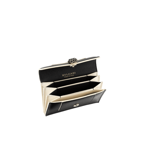"Serpenti Forever" gusseted card holder in black calf leather. Tempting light gold-plated brass snakehead stud closure, finished with matte black enamel, and black enamel eyes. SEA-CCACCORDEON image 3