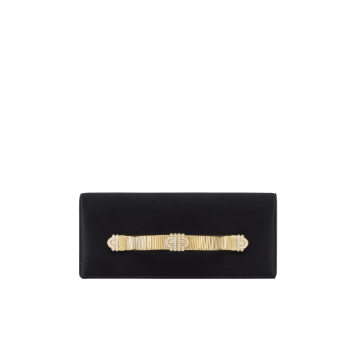 Bvlgari Tubogas evening clutch in black satin with black nappa leather lining. Iconic Tubogas handle in gold-plated brass embellished with zirconia and a magnetic closure. 295432 image 1