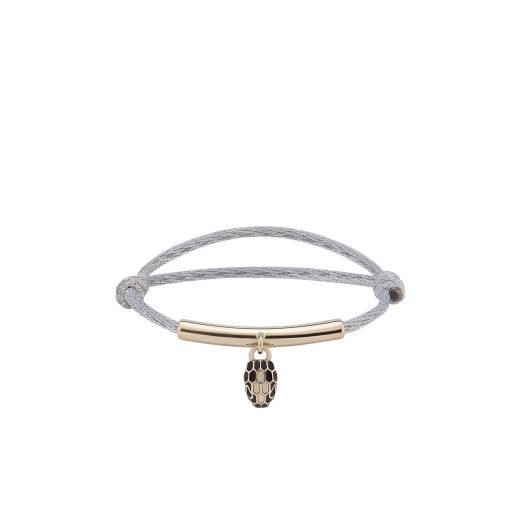 Serpenti Forever bracelet in mimetic jade green fabric. Gold-plated brass tubular element and captivating snakehead charm embellished with black and white agate enamel scales, and black enamel eyes. SERP-MINISTRINGe image 1