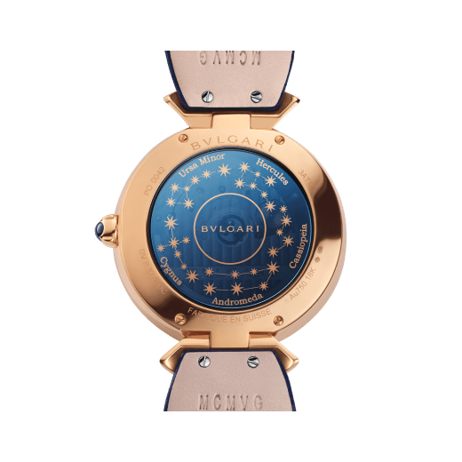 Divas' Dream watch with mechanical manufacture movement, automatic winding, 18 kt rose gold case set with round brilliant-cut diamonds and sapphires, aventurine rotating discs with diamonds and printed constellations and dark blue alligator bracelet 102843 image 4