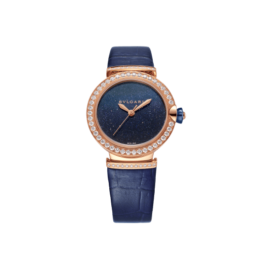 LVCEA 腕錶，搭載機械機芯，自動上鍊，18K 玫瑰金錶殼和連結扣鑲飾圓形明亮型切割鑽石，藍色東菱石錶盤，藍色鱷魚皮錶帶。防水深度 50 公尺。 103341 image 1