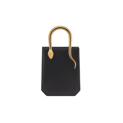 Serpentine mini tote bag in ivory opal Metropolitan calf leather with black nappa leather lining. Captivating snake body-shaped handles in gold-plated brass embellished with engraved scales and red enamel eyes. SEA-1223 image 1