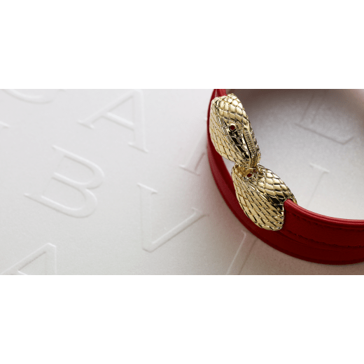 Serpenti Forever two-coil bracelet in soft amaranth garnet red nappa leather. Single-rivet contraire snakehead closure in gold-plated brass embellished with red enamel eyes. BRACLT-MC-SERP-SNL-AG image 3