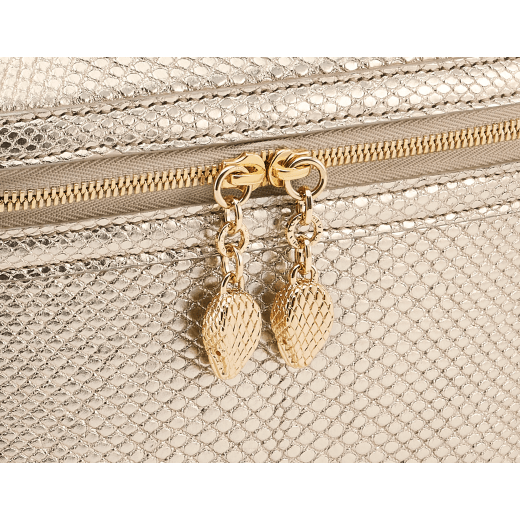 Serpenti Forever jewelry box bag in light gold Molten karung skin with black nappa leather lining. Captivating snakehead zip pullers and chain strap decors in light gold-plated brass. 1177-MoltK image 7