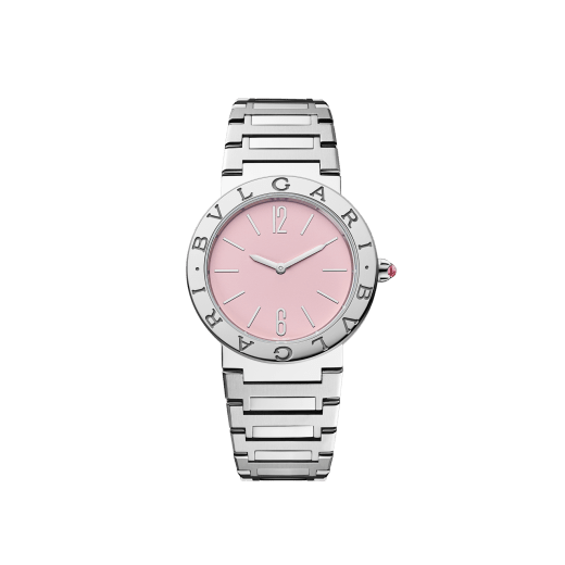 BULGARI BULGARI 腕錶，精鋼錶殼，錶圈鐫刻雙品牌標誌，拋光及緞面精鋼錶帶，粉紅色漆面錶盤。防水深度 30 公尺。全球限量 350 只。 103711 image 1