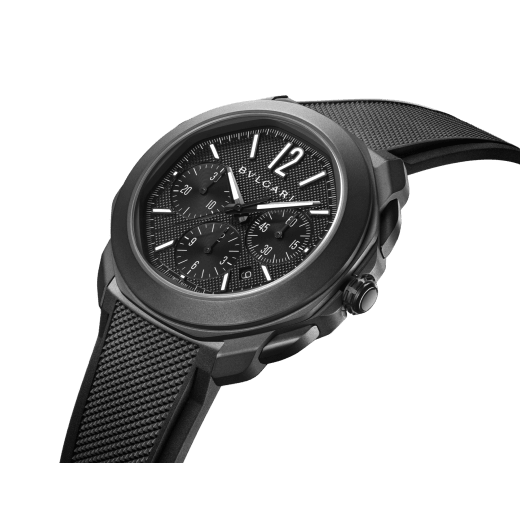 Octo Roma automatic watch with interchangeable black rubber strap and additional black alligator bracelet, stainless steel case with black DLC treatment and black Clous de Paris dial. Mechanical manufacture movement with automatic winding and chronograph. Water-resistant up to 100 metres 103932 image 2