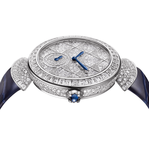 DIVAS' DREAM Finissima Mosaica watch with extra-thin mechanical manufacture movement with minute repeater, 2 hammers (manual winding), 37 mm 18 kt white gold case fully set with snow-pavé and baguette-cut diamonds, dial set with baguette and brilliant-cut diamonds, blue hands, transparent caseback and blue alligator bracelet 103497 image 4