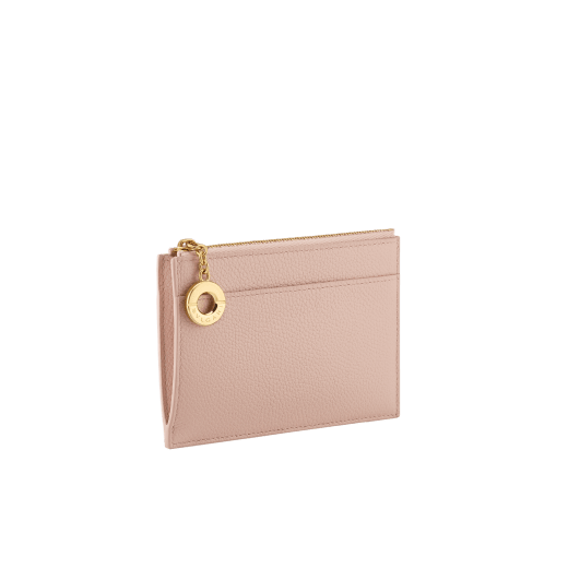 Bvlgari Roma zipped card holder in Bright Travertino soft drummed calf leather with Bright Travertino nappa leather interior. Zip closure with iconic light gold-plated brass zip puller engraved with the Bvlgari logo. BVR-ZIP-CCHOLDER image 1