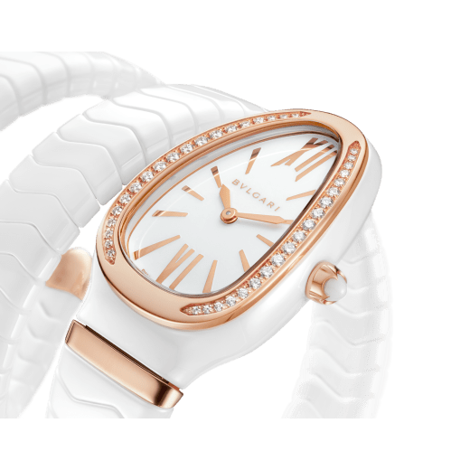 Serpenti Spiga watch with white ceramic case, 18 kt rose gold bezel set with diamonds, white lacquered polished dial and double spiral bracelet in white ceramic and 18 kt rose gold elements. 102886 image 2