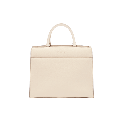 Bulgari Logo tote bag in ivory opal smooth and grain calf leather with black gros grain lining. Iconic Bvlgari logo decorative chain motif in light gold-plated brass. BVL-1192 image 3
