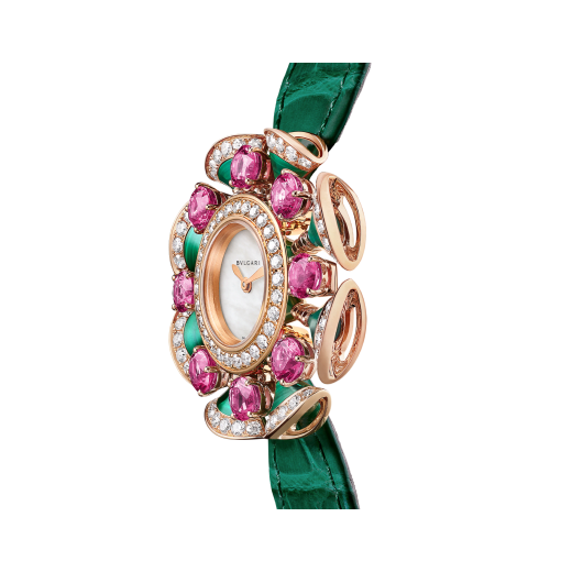 DIVAS' DREAM High Jewellery watch featuring a 18 kt rose gold case and petals set with round brilliant-cut diamonds, malachite inserts and pink tourmaline, mother-of-pearl dial and green alligator bracelet 103636 image 3