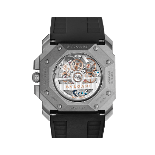 Octo L'Originale watch with mechanical manufacture movement, integrated high-frequency chronograph (5Hz), column wheel mechanism, silicon escapement, automatic winding and date, titanium case and dial, and black rubber bracelet 102859 image 4