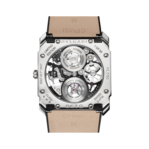 Octo Finissimo Tourbillon Squelette watch with ultra-thin mechanical skeleton movement, manual winding and ball-bearings system, platinum case, transparent dial and black alligator bracelet. 102719 image 4