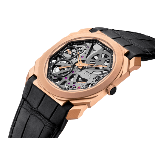 Octo Finissimo Skeleton watch with mechanical skeletonized manufacture movement, manual winding, small seconds, power reserve indication, extra-thin 18 kt sandbalsted rose gold case, skeletonized dial and black alligator bracelet 102946 image 2