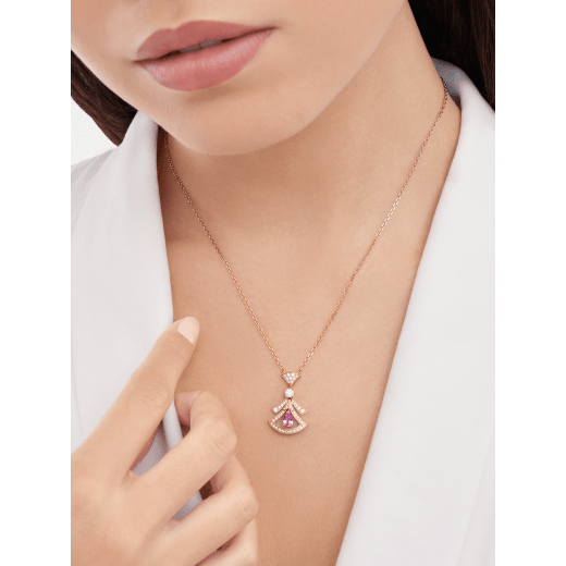 Divas' Dream necklace in 18 kt rose gold set with a pear-shaped pink sapphire, a round brilliant-cut diamond and pavé diamonds. Chinese Valentine's Day Special Edition 360615 image 1