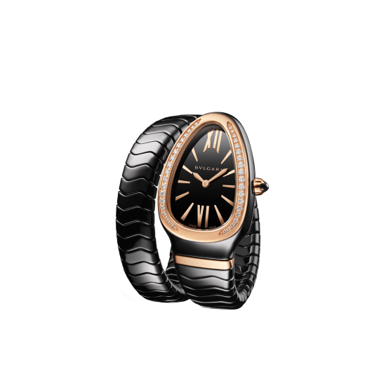 Serpenti Spiga single spiral watch with black ceramic case, 18 kt rose gold bezel set with brilliant cut diamonds, black lacquered dial, black ceramic bracelet with 18 kt rose gold elements. 102532 image 2