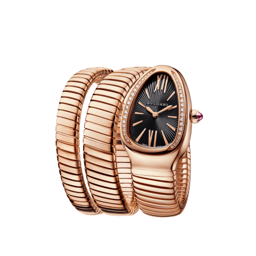 Serpenti Tubogas double spiral watch with 18 kt rose gold case set with brilliant cut diamonds, black opaline dial and 18 kt rose gold bracelet. 101814 image 2