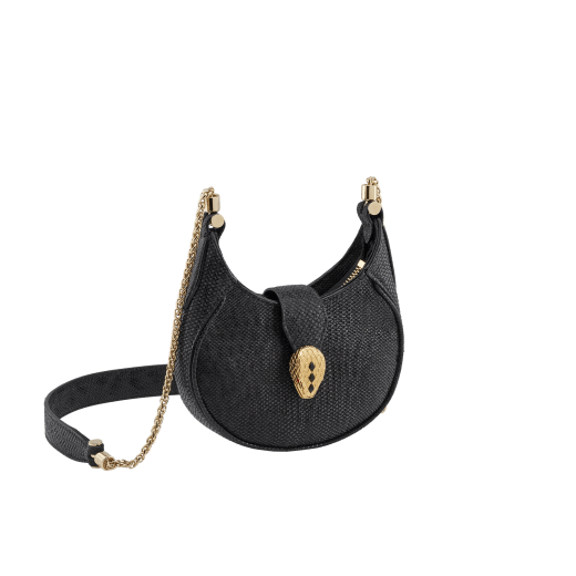 Serpenti Ellipse micro crossbody bag in moon silver black metallic karung skin with black nappa leather lining. Captivating snakehead closure in gold-plated brass embellished with red enamel eyes. SEA-MICROHOBOa image 1